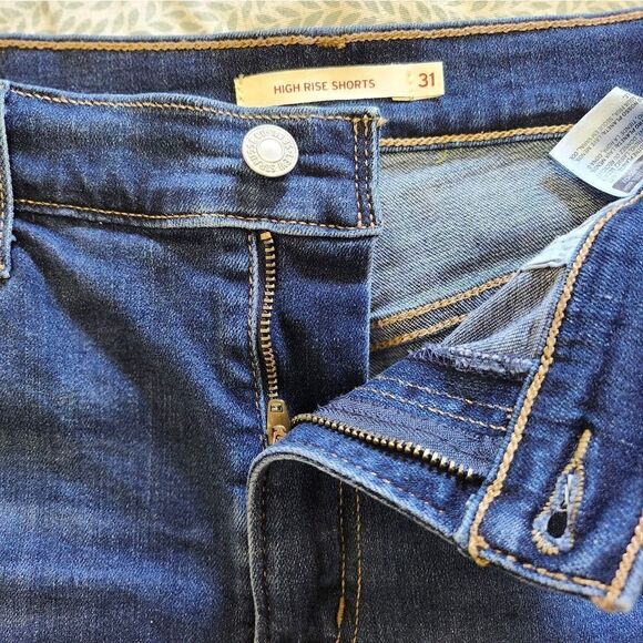 LEVI'S Women's High Rise Dk Wash Blue Denim Fringed Summer Short Shorts Size 31 - Picture 8 of 12